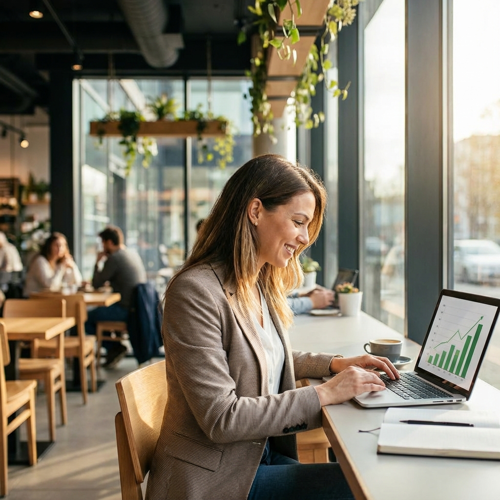 Dueña de negocio feliz revisando ventas en laptop